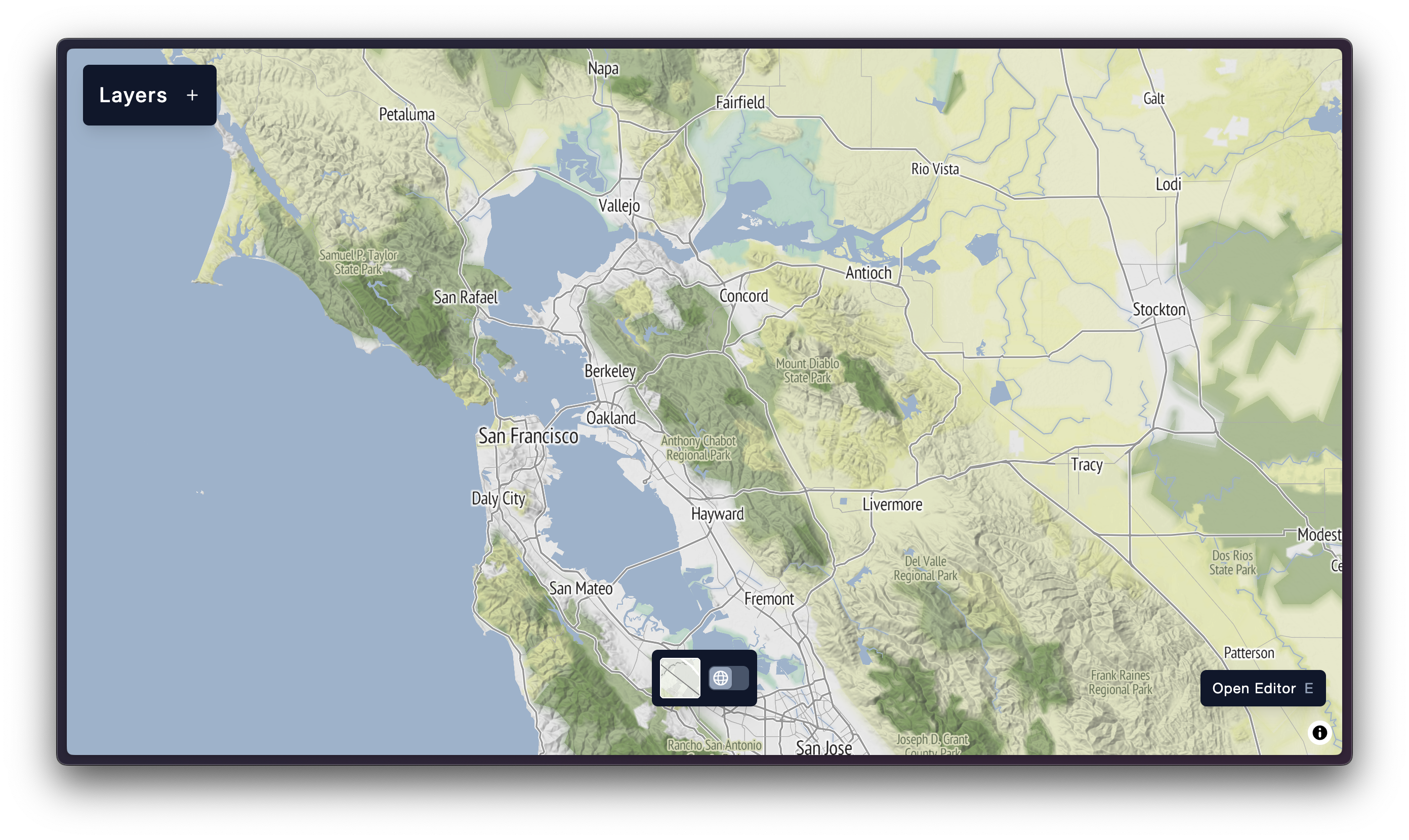 The 'Terrain' Stamen basemap loaded in cartokit.