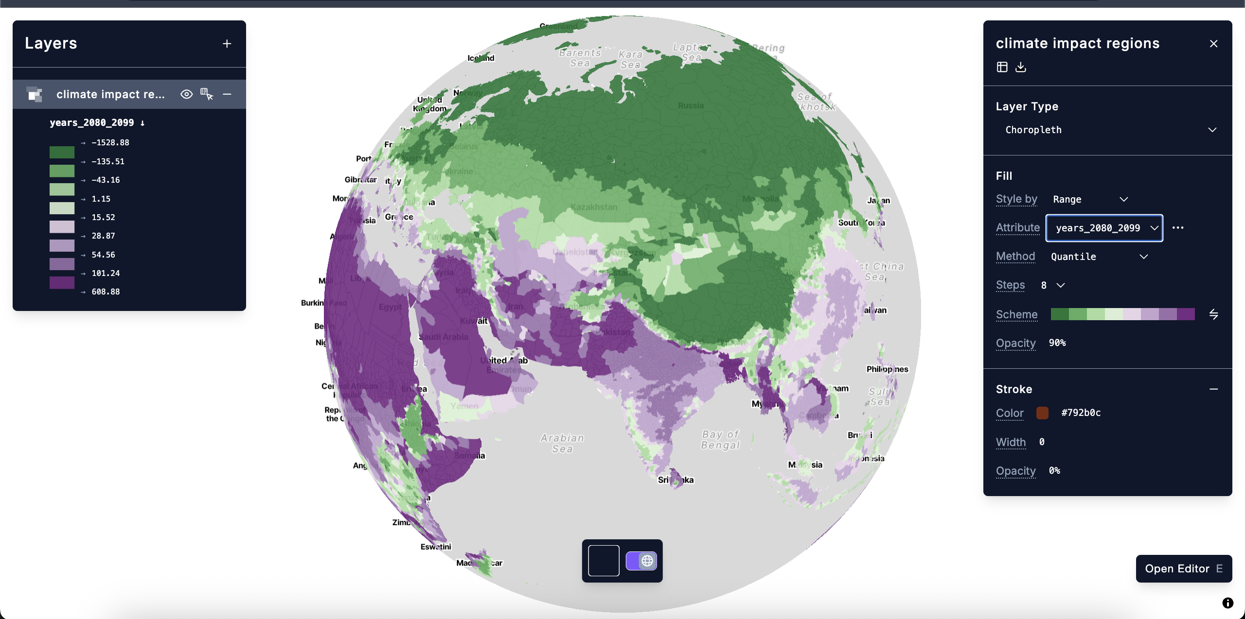 A Choropleth Symbol layer in cartokit visualizing the predicted change in deaths linked to temperature by 2080 across the world.