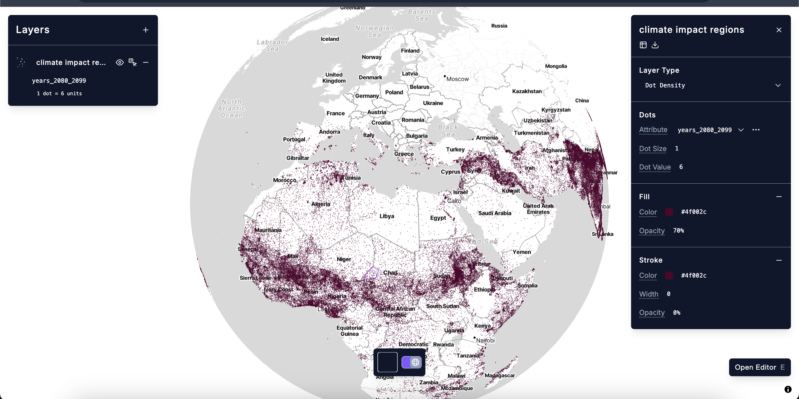 A Dot Density Symbol layer in cartokit visualizing the predicted change in deaths linked to temperature by 2080 across the world.