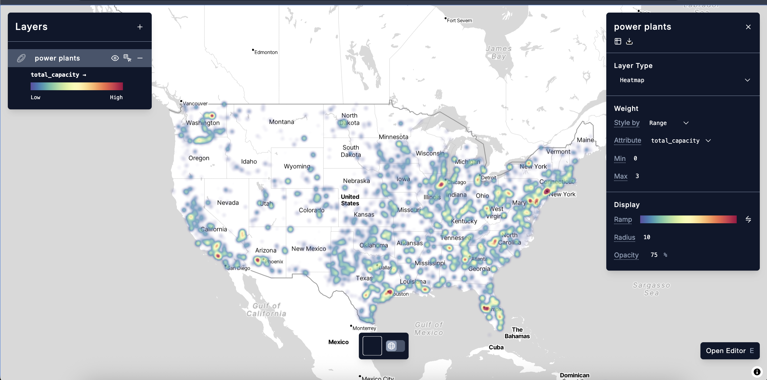 A Heatmap Symbol layer in cartokit of concentration of gas-powered electricity plants capacities in the United States.