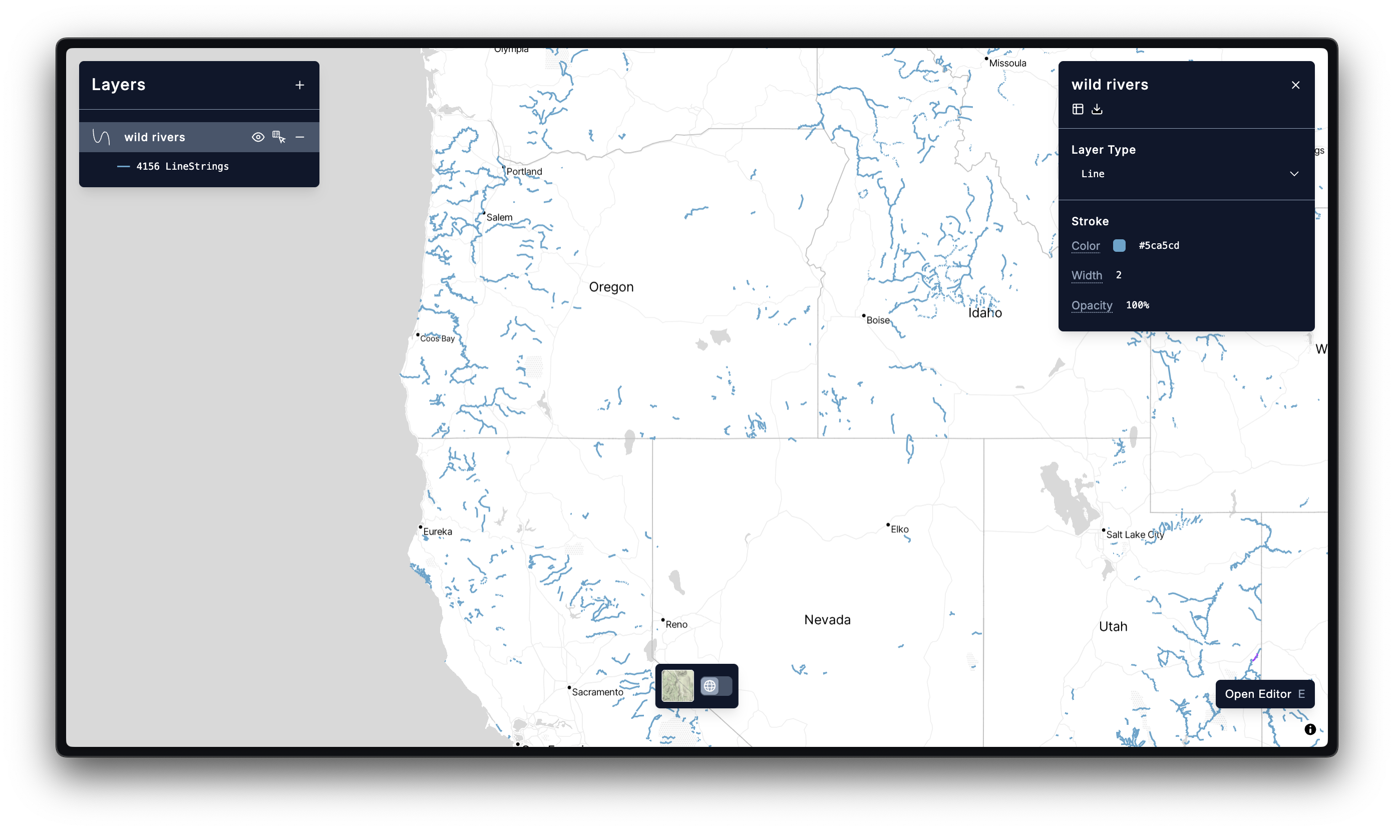 A Line layer in cartokit showing the nationally-designated scenic and wild rivers in the Pacific Northwest.