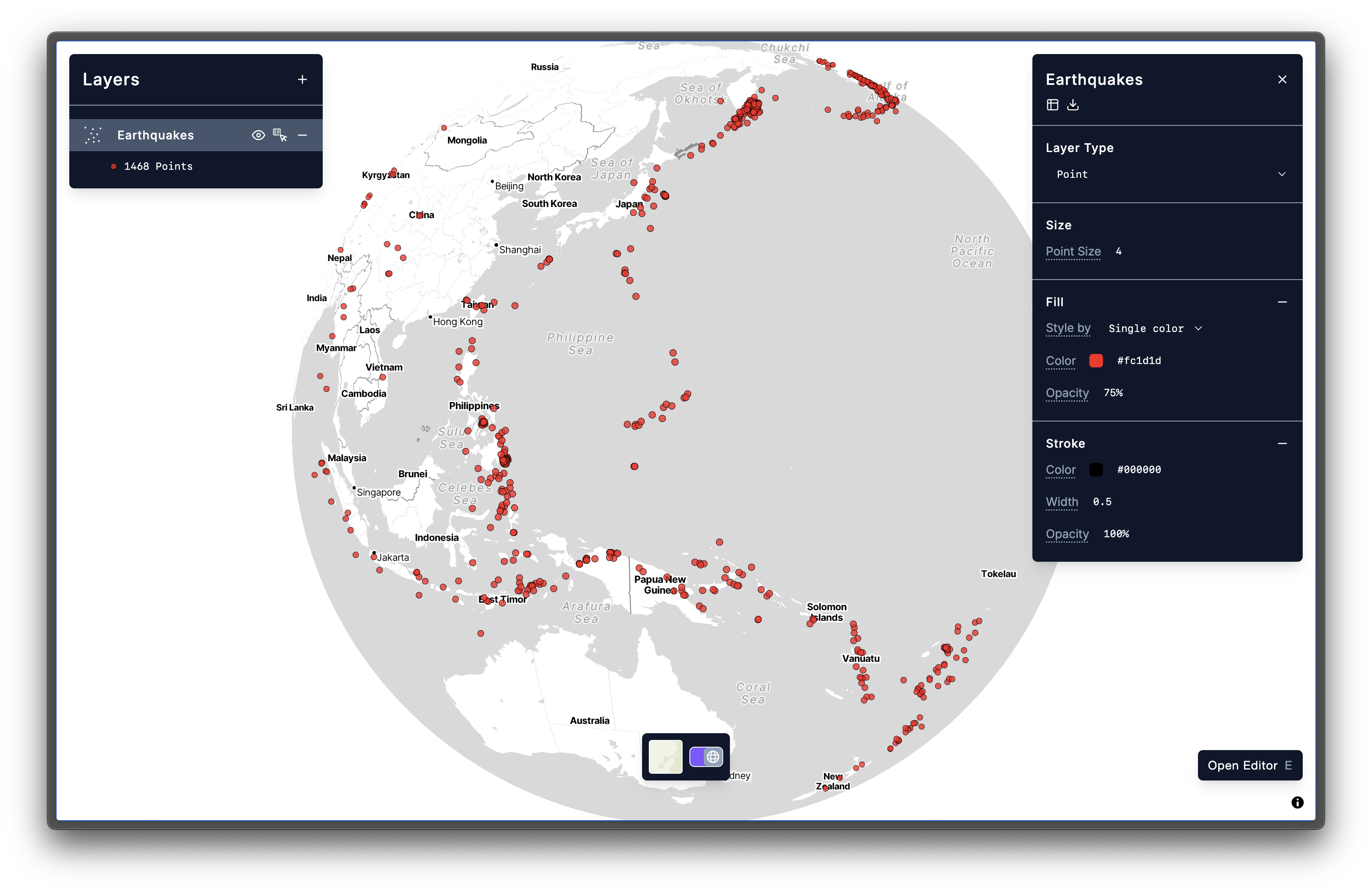 A Point layer in cartokit consisting of earthquakes from the USGS real-time earthquake feed.