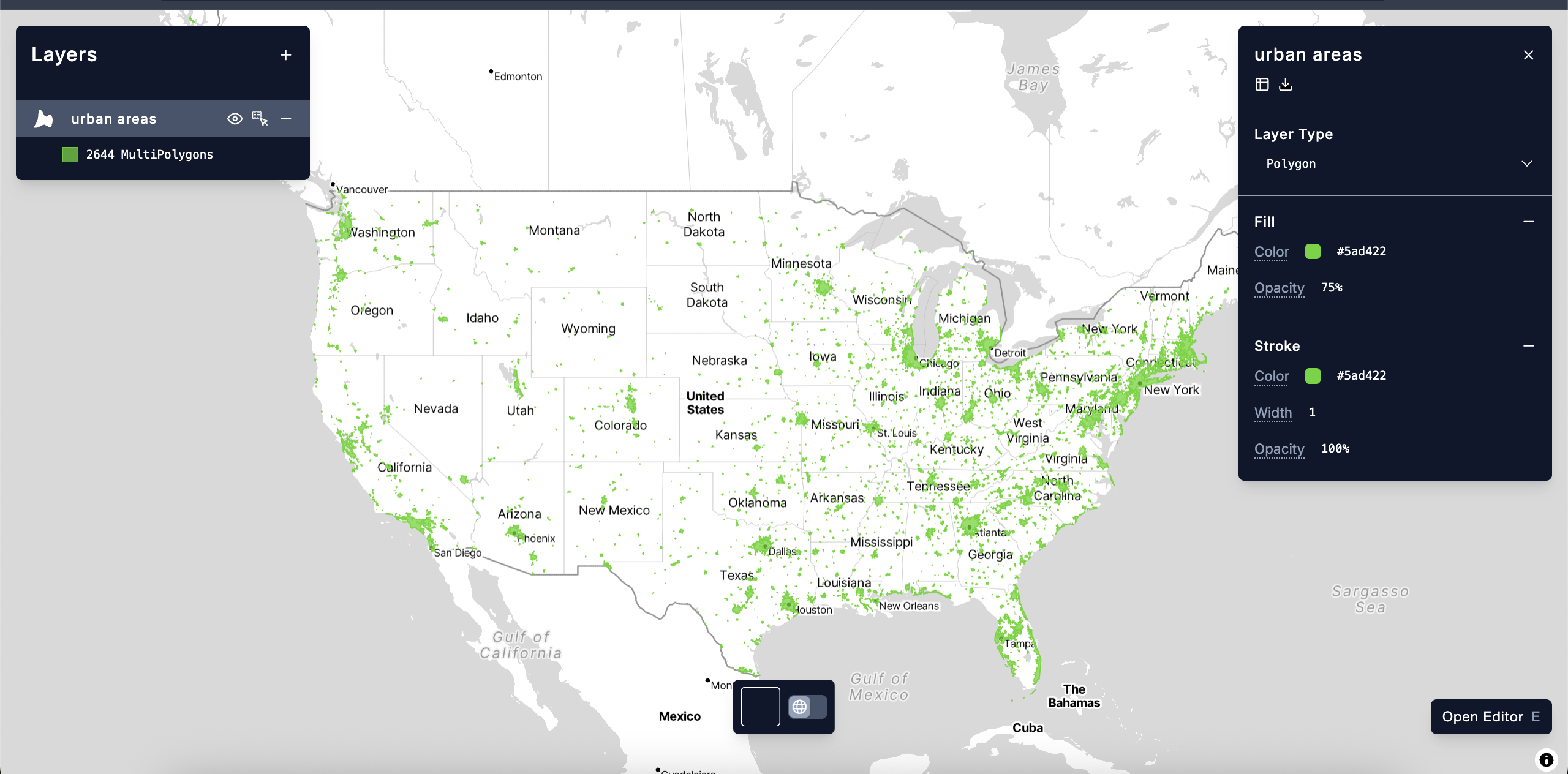 A Proportional Symbol layer in cartokit displaying urban areas in the United States.