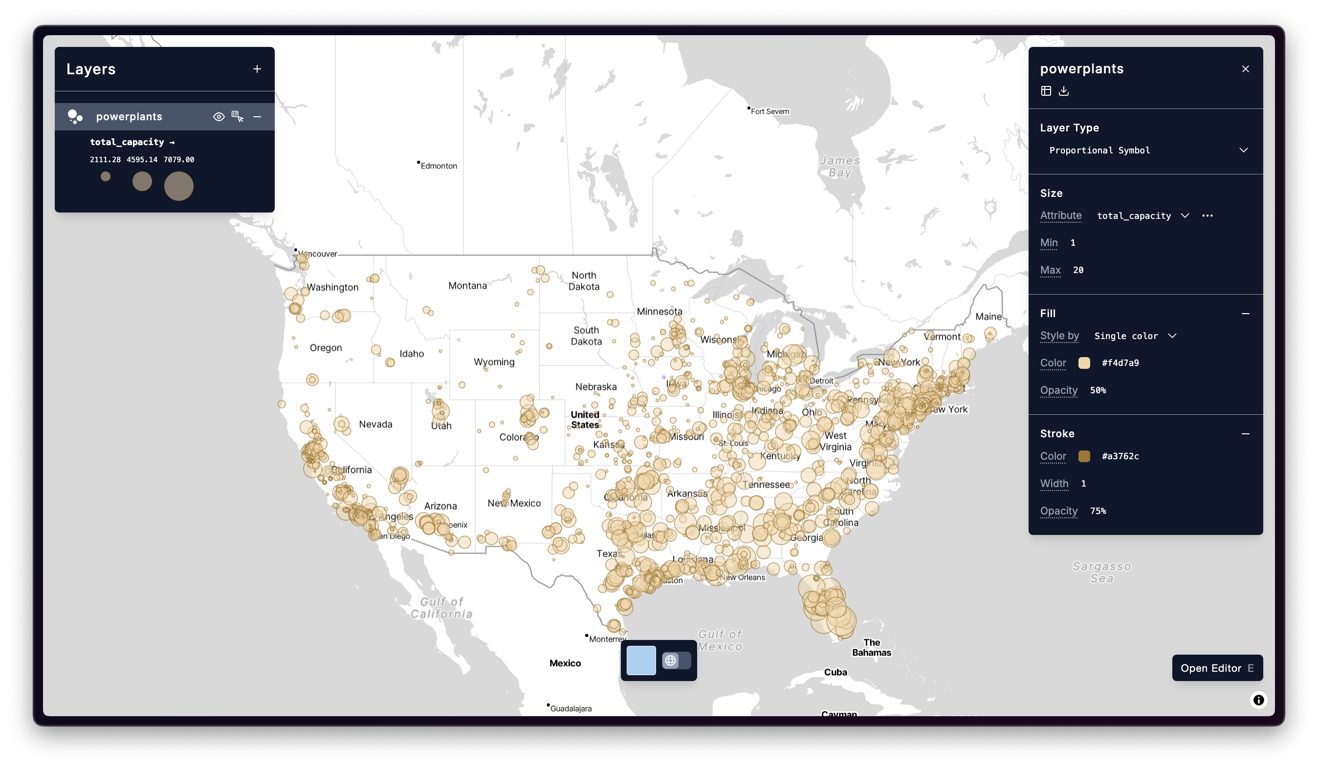 A Proportional Symbol layer in cartokit consisting of all natural gas-powered electricity plants in the United States and their capacities.